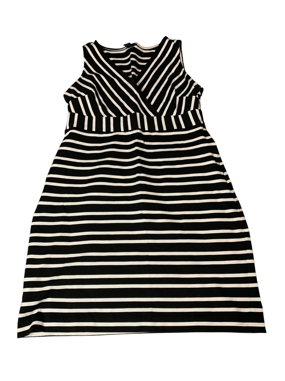 Ann Taylor Black White Striped V-Neck Fit & Flare Dress Size L Sleeveless Midi
